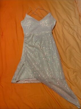 Silver Sequin Asymmetric Slip Dress